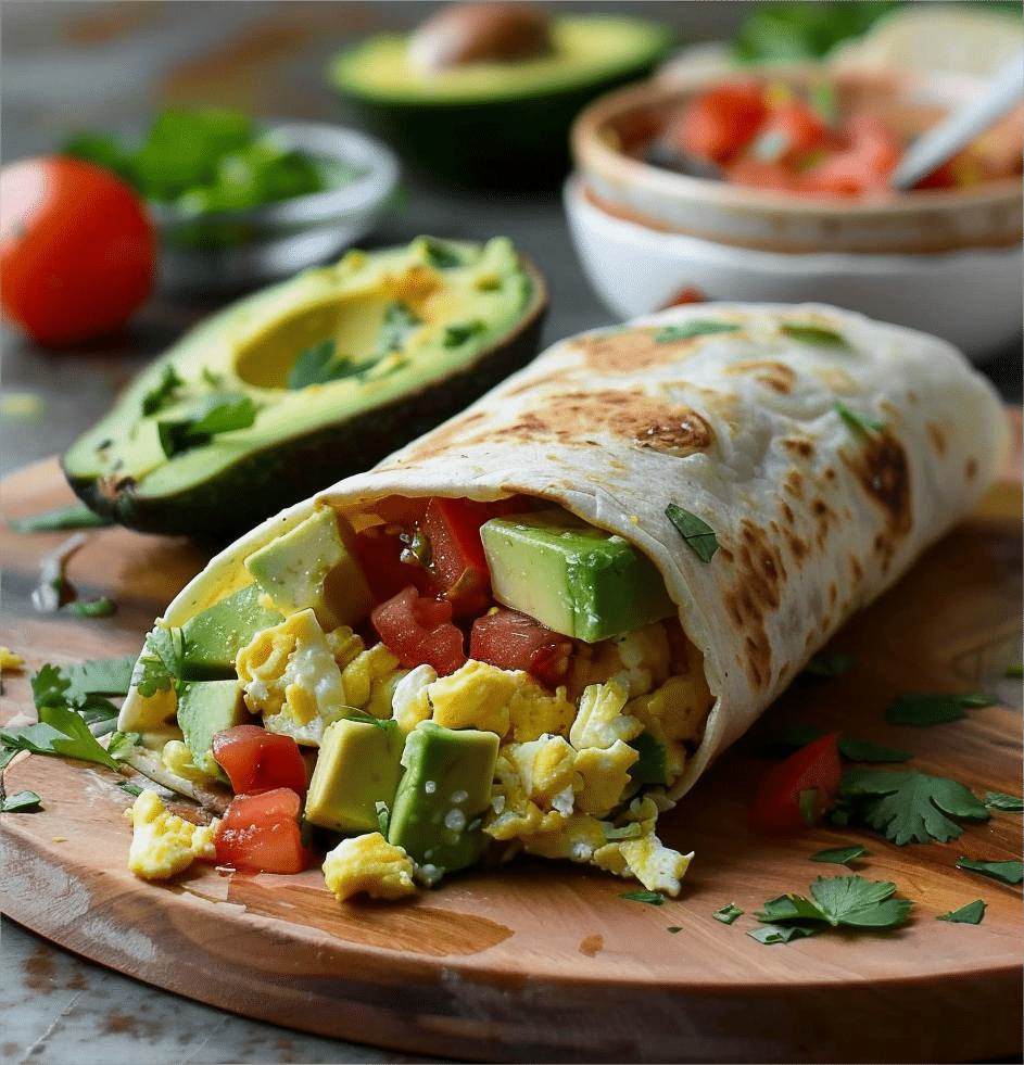 Breakfast Burrito with Eggs, Tomato, and Avocado