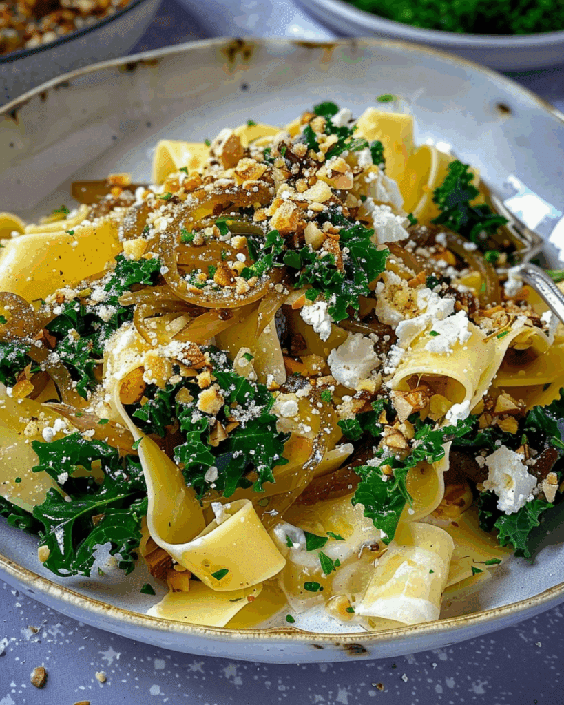 Caramelised Onion, Kale & Goats Cheese Pappardelle with Herby Gremolata Crumb