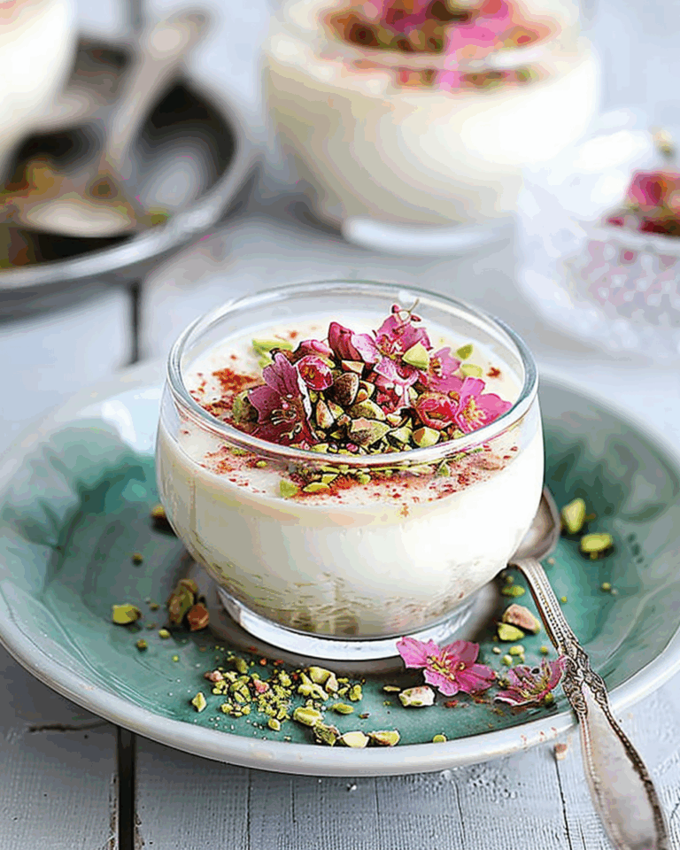 Cardamom Panna Cotta with Rosewater Syrup and Pistachio Praline