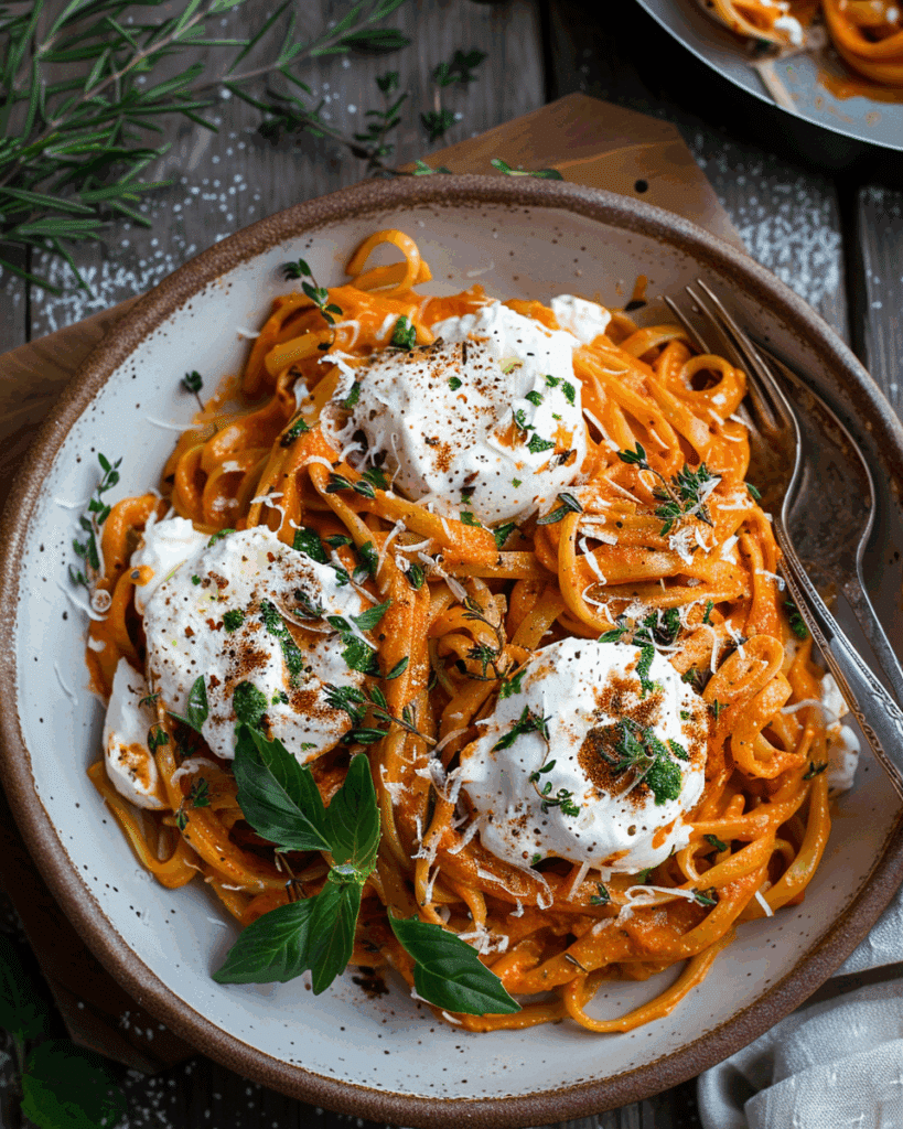 Creamy Red Pepper Pasta with Burrata & Herbs