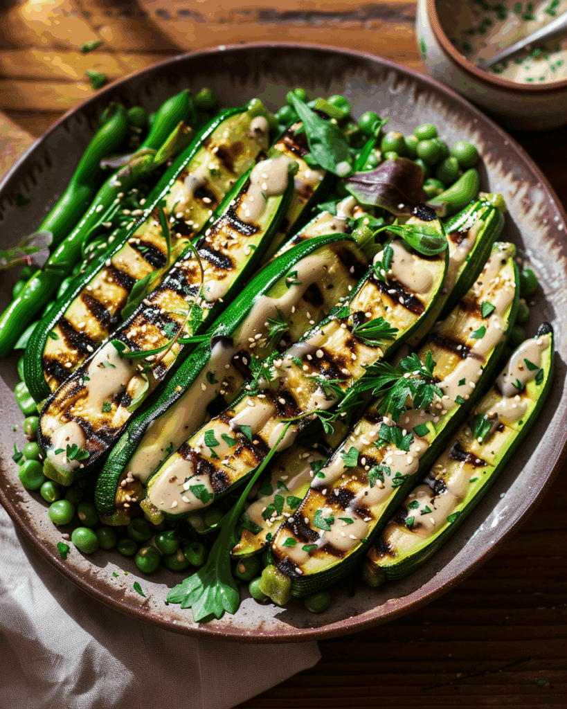 Grilled Zucchini & Runner Bean Salad With Tahini Dressing