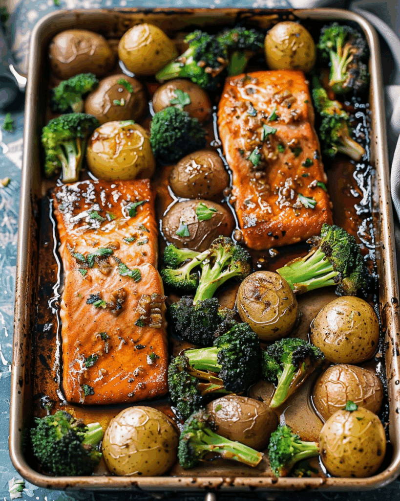 Honey Garlic Salmon with Potatoes and Broccoli – Sheet Pan