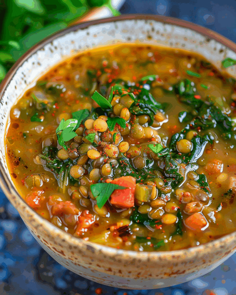 Mediterranean Spicy Lentil Soup With Spinach