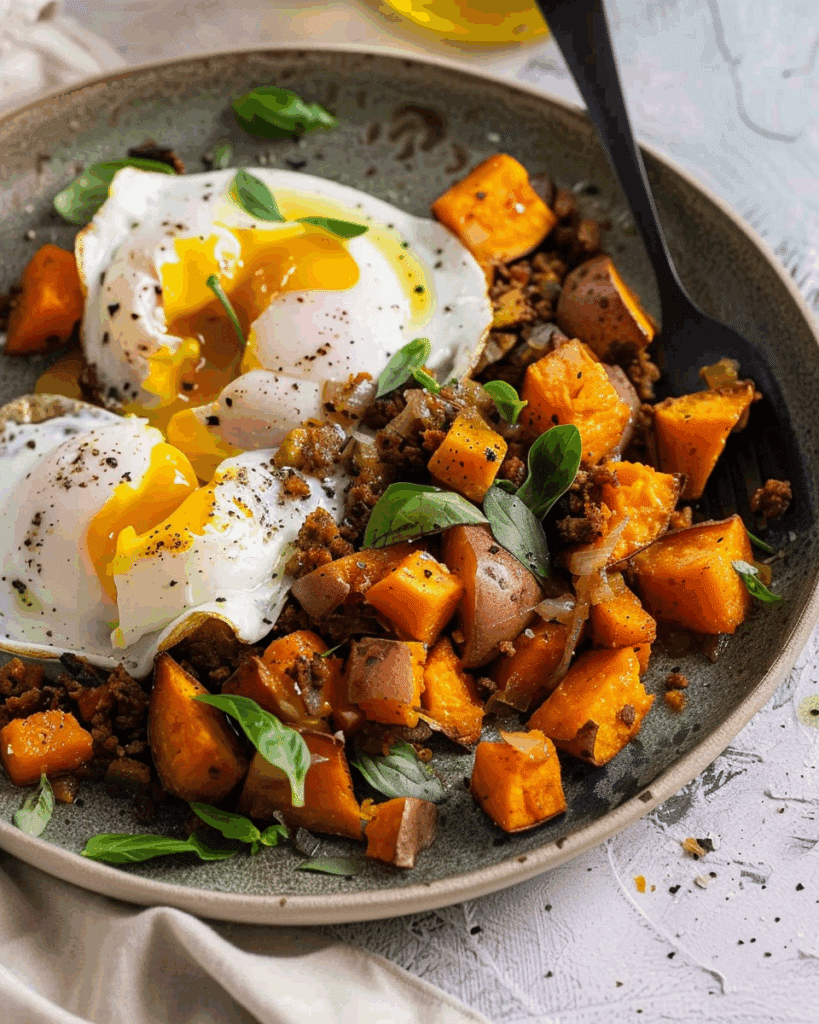 Roasted Sweet Potato Hash with Poached Eggs