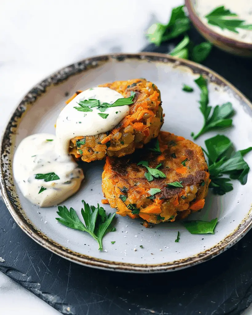 Carrot‑Lentil Cakes with Garlic‑Herb Tahini Sauce