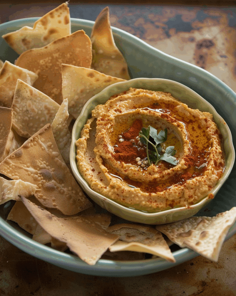 Roasted Red‑Pepper Hummus with Homemade Pita Chips