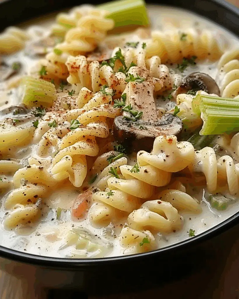 Creamy Celery, Potato & Mushroom Pasta Soup