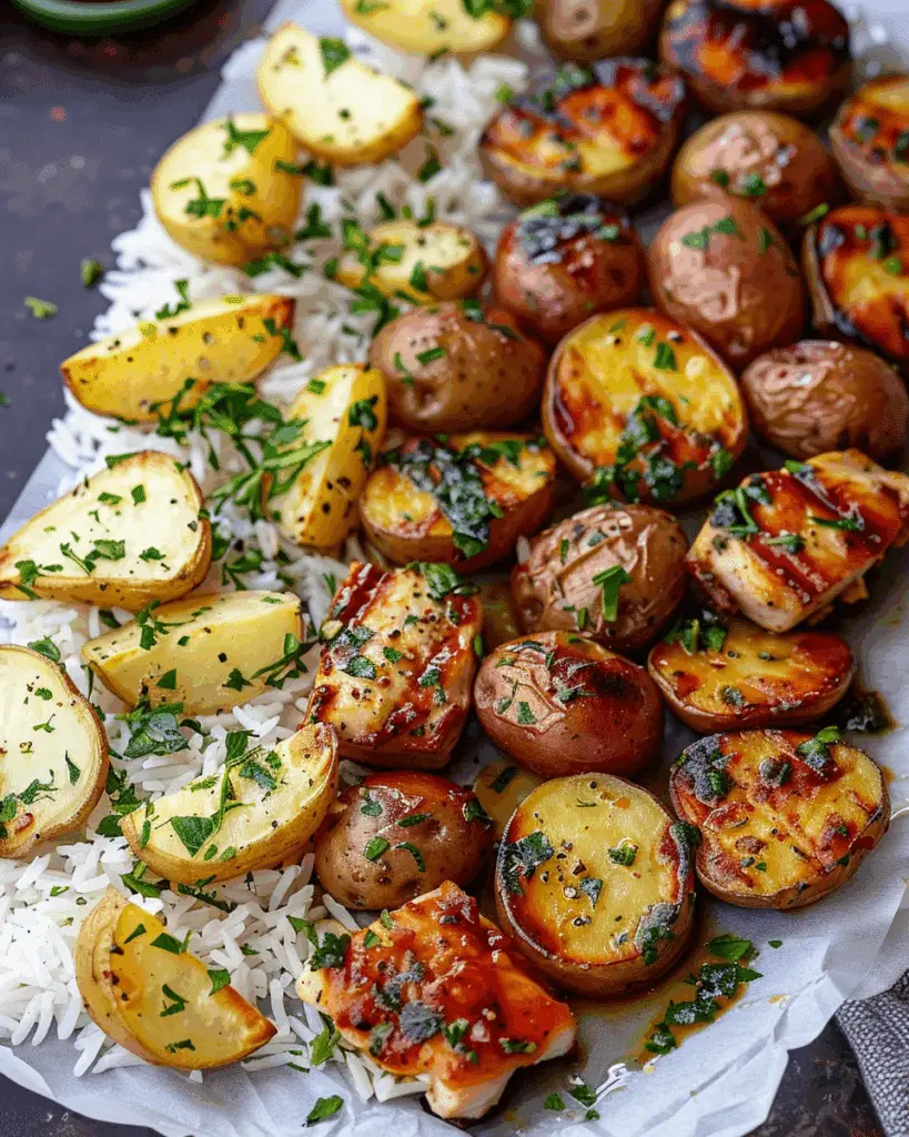 Glazed Chicken Filets with Rice, Garlic Potatoes & Roasted Veggies