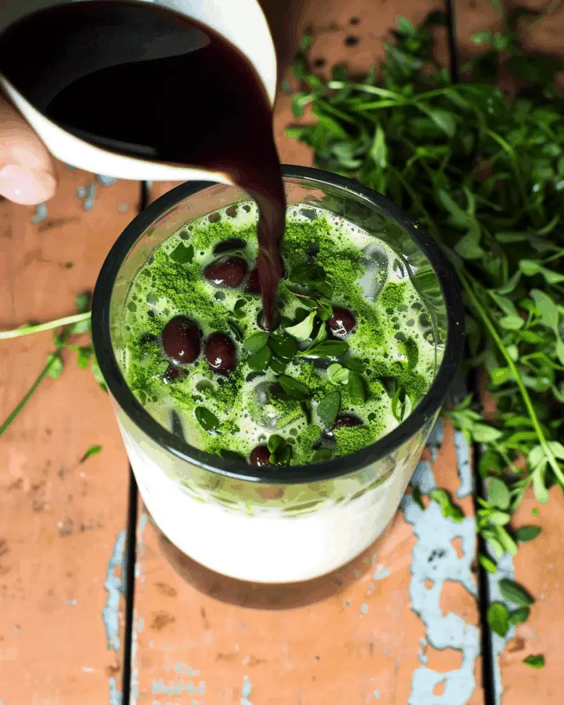 Iced Matcha Milk Tea With Red Bean