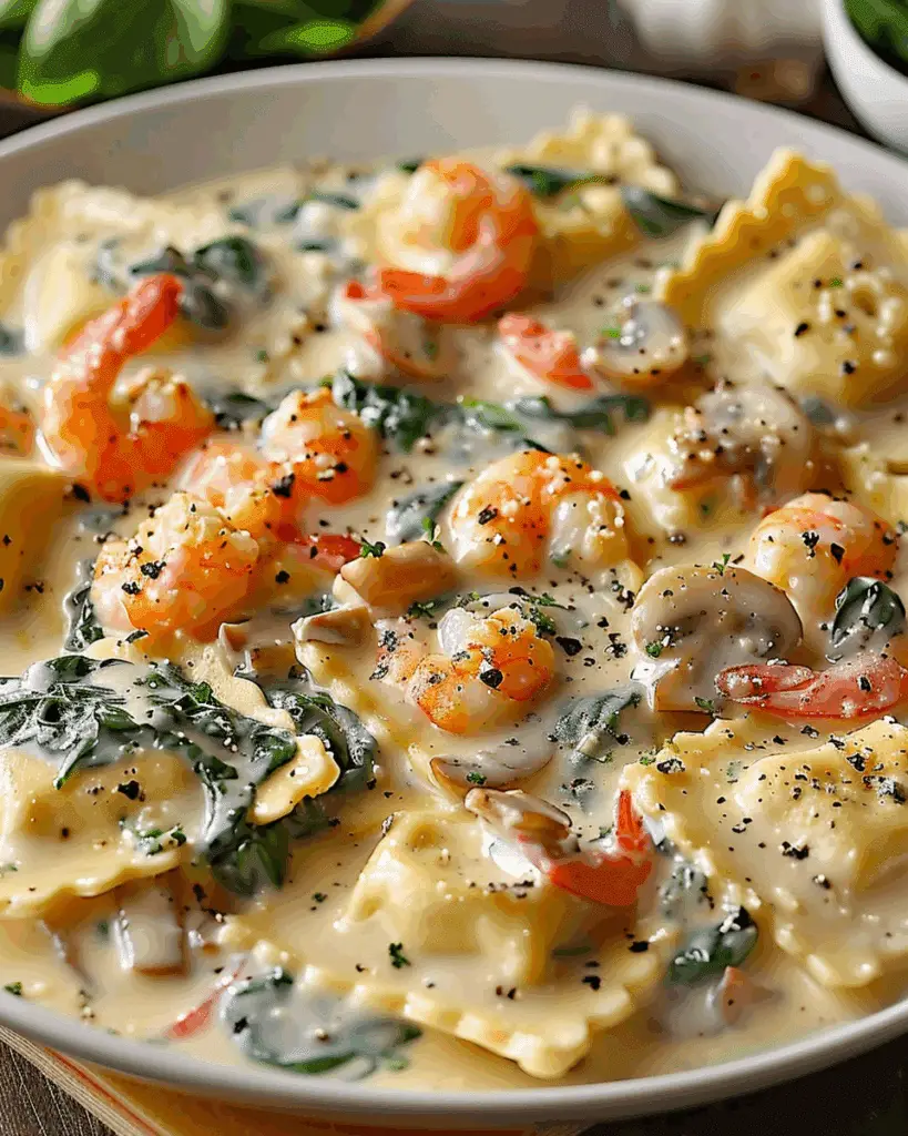 Ravioli With Seafood, Spinach & Mushrooms In Garlic Cream Sauce