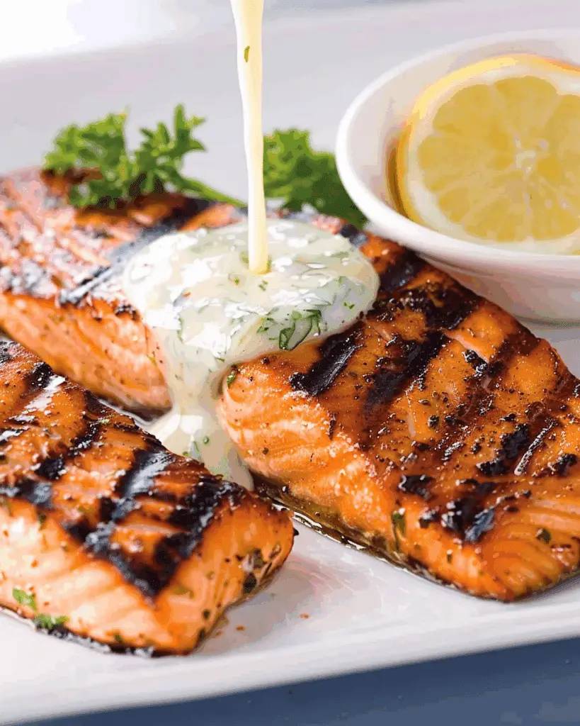 Grilled Salmon with Lemon Garlic Sauce