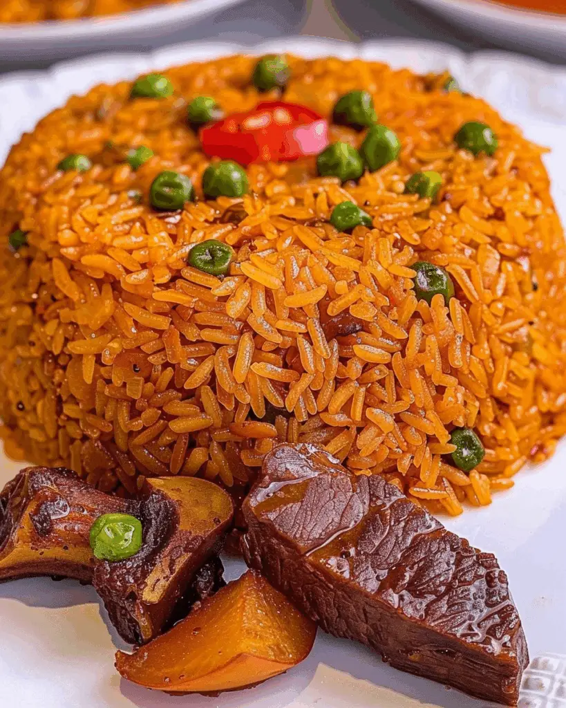 Homemade Nigerian Jollof Rice Served With Diced Beef