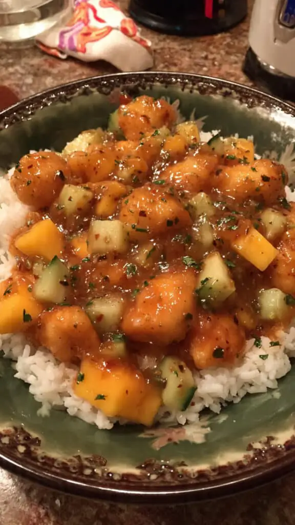 Chili Crisp Chicken Mango Cucumber Rice Bowl