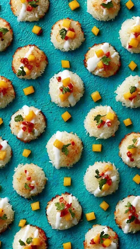 Crispy Rice Cakes with Mango Chili Salsa & Coconut Cream Drizzle