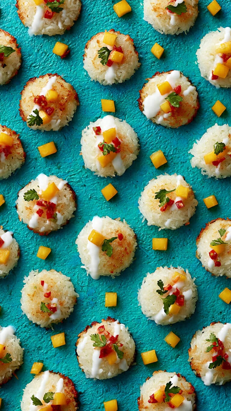 Crispy Rice Cakes with Mango Chili Salsa & Coconut Cream Drizzle