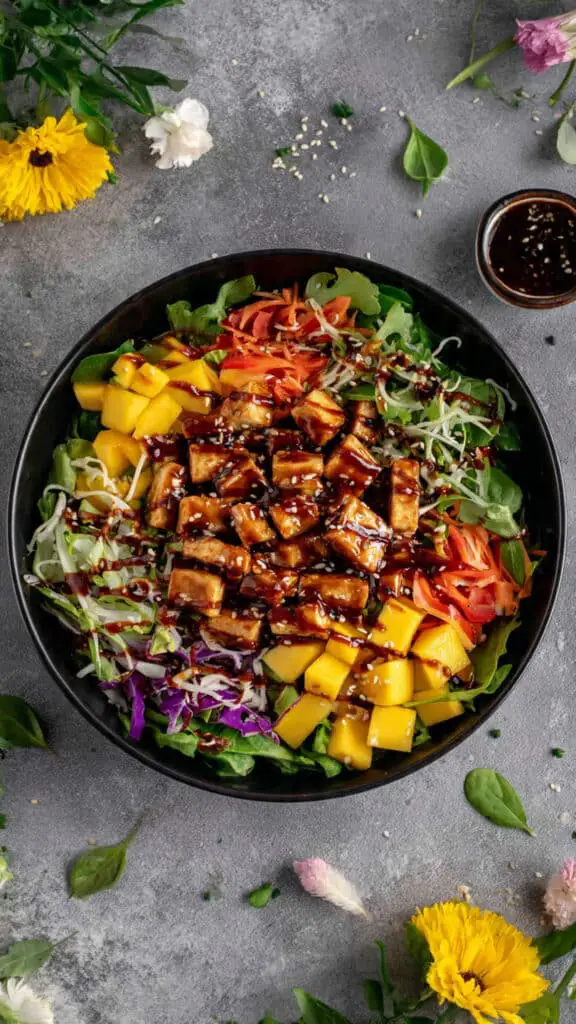 Crispy Vegan Hot Honey Tofu with Avocado Mango Salad
