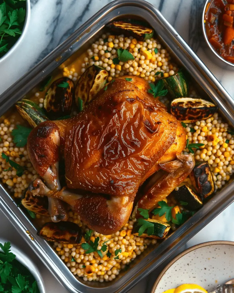 Garlic-Lemon Chicken with Saffron Pearl Couscous and Zucchini