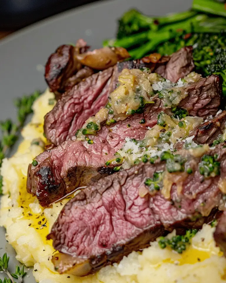 Garlic Butter Steak Bites Over Red Skinned Mashed Potatoes with Broccolini