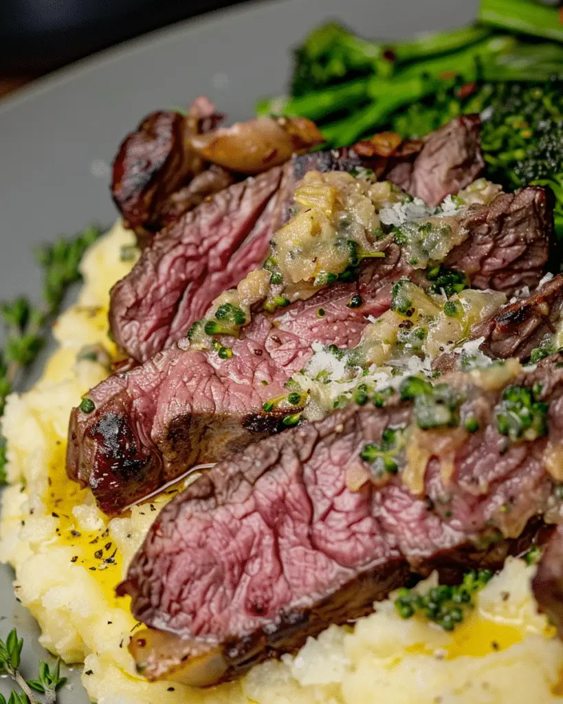 Garlic Butter Steak Bites Over Red Skinned Mashed Potatoes with Broccolini