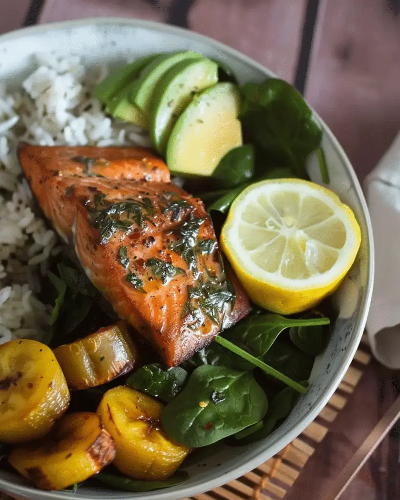 Honey-Garlic Salmon Bowl with Plantains & Spinach
