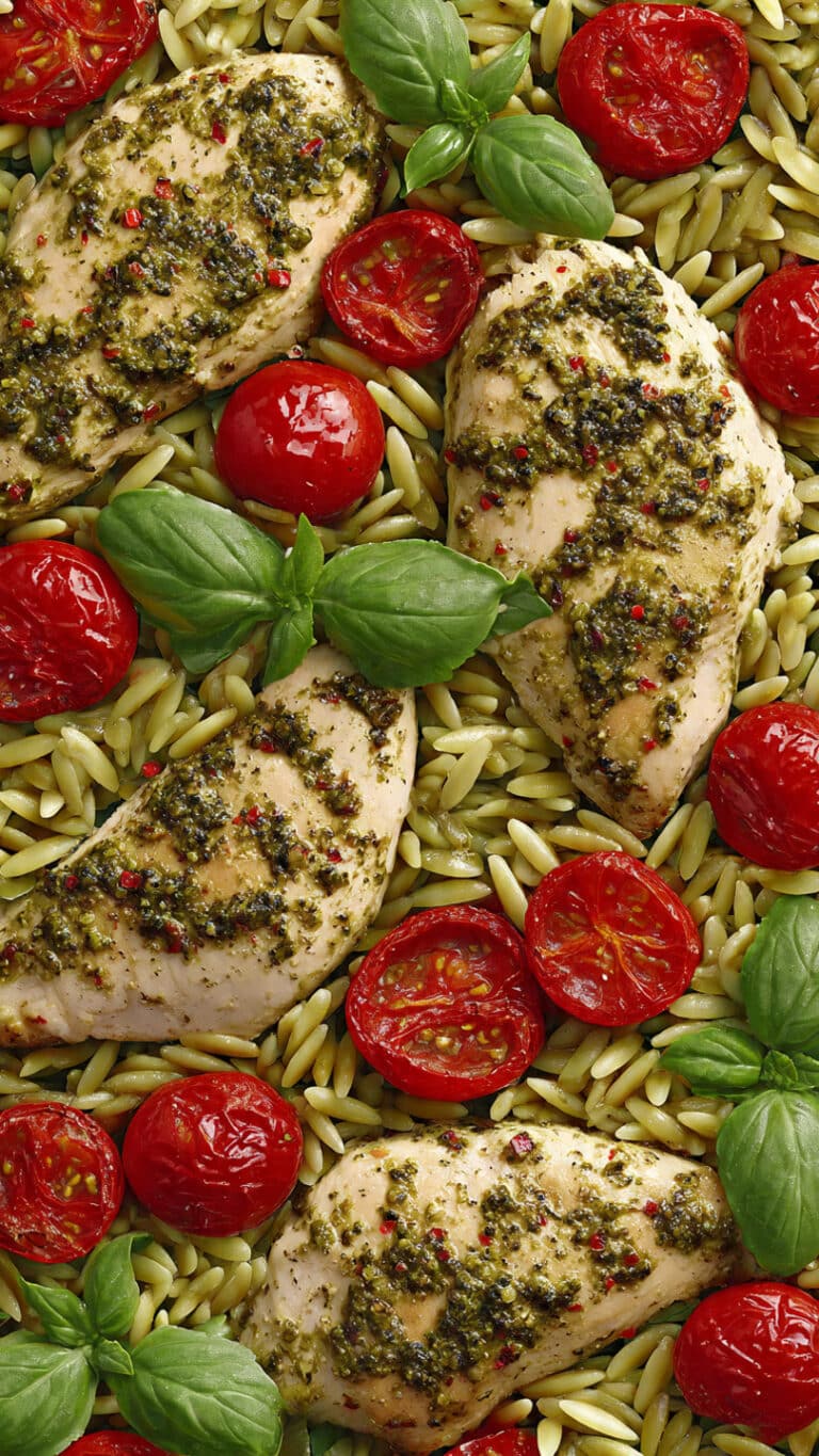 One Pan Pesto Chicken and Orzo