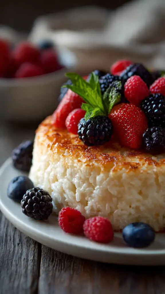 Orange Blossom Rice Pudding Cake with Fresh Berries