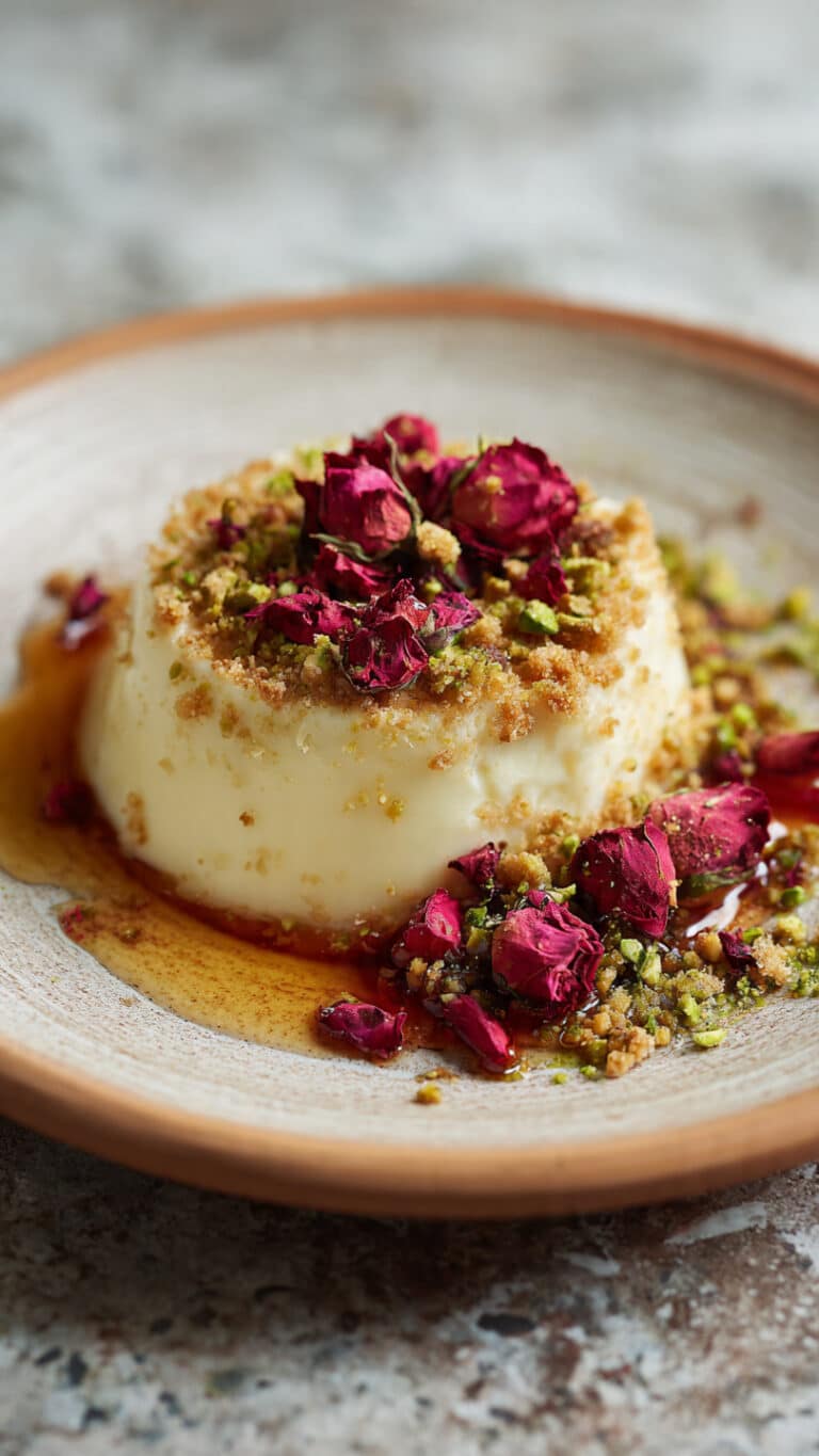 Rose Pudding with Cardamom Syrup and Rhodiola & Pistachio Crumble