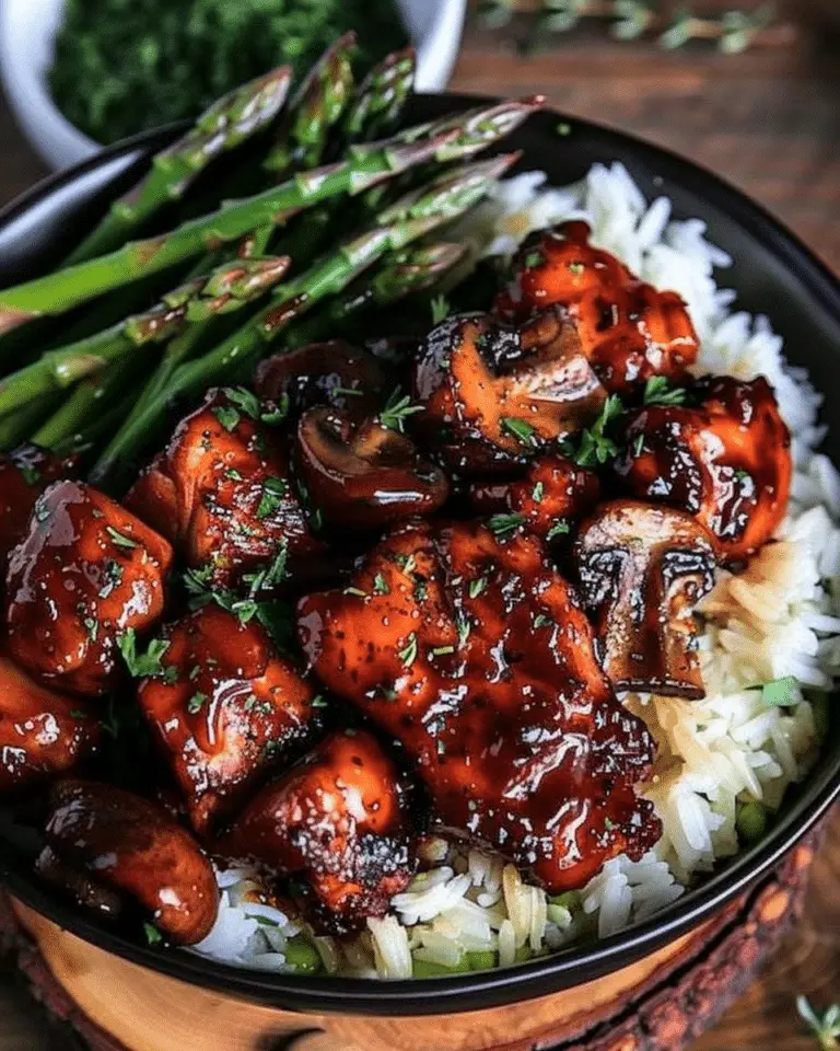 Sticky Glazed Chicken Bowl with Asparagus, Mushrooms & Rice