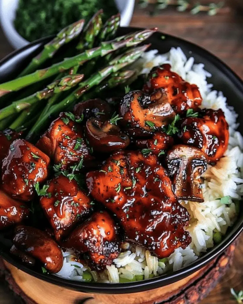 Sticky Glazed Chicken Bowl with Asparagus, Mushrooms & Rice
