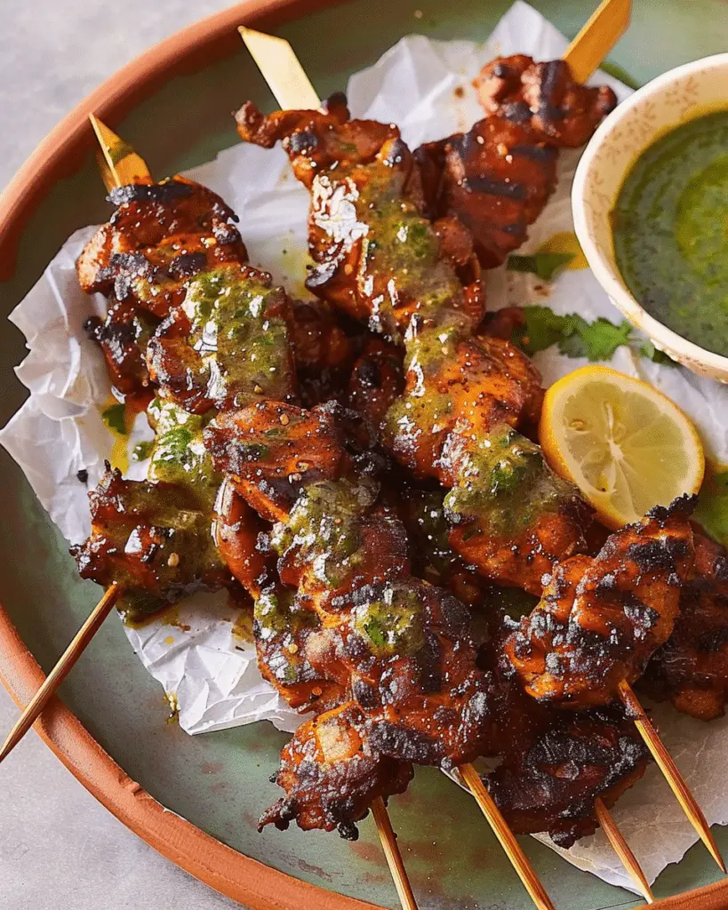 Tamarind Chicken Skewers with Coriander Chutney