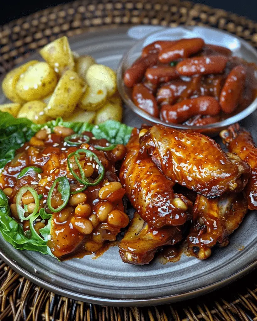 Wings, Greens, Potato Salad, and Cowboy Beans