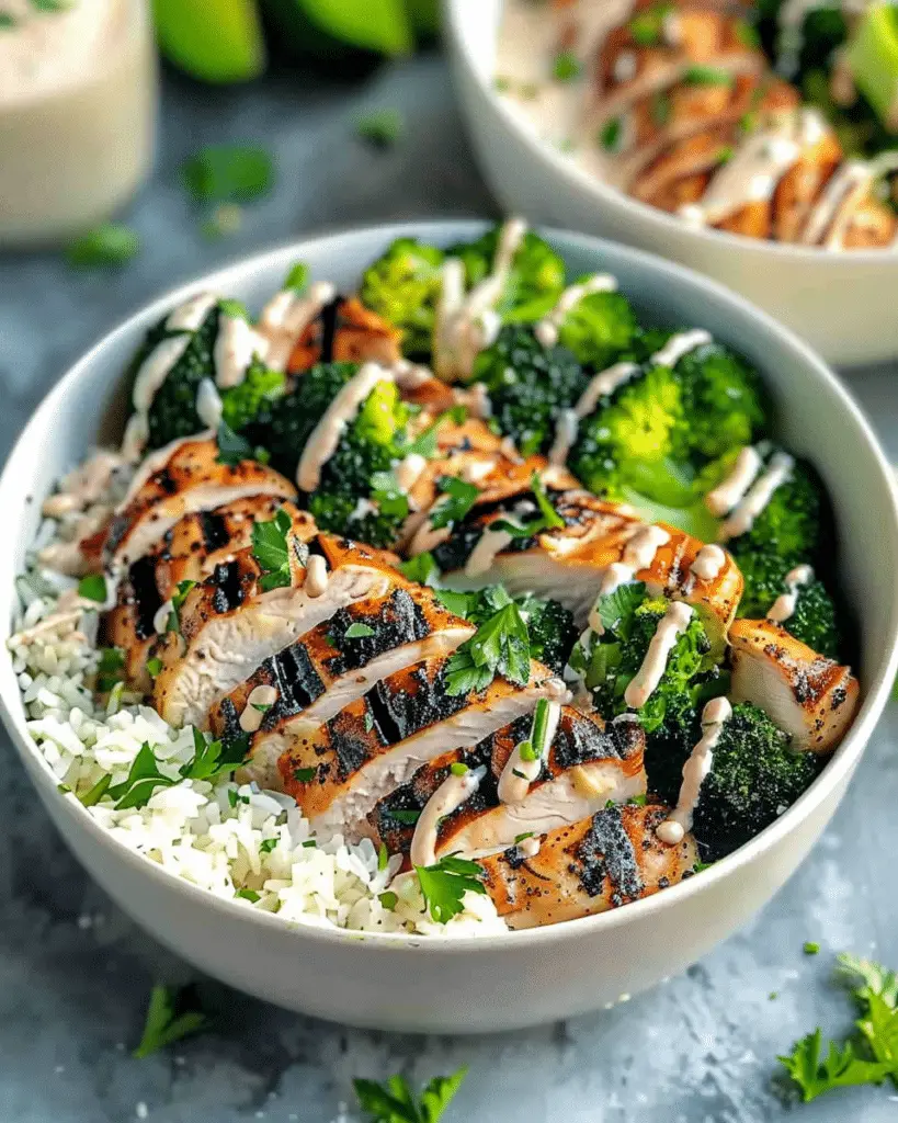Grilled Chicken & Broccoli Bowls with Creamy Garlic Sauce