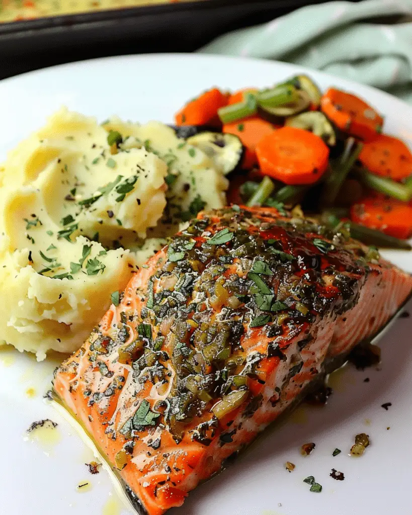 Honey Garlic Salmon with Garlic Butter Yukon Gold Mashed Potatoes and Mixed Vegetables