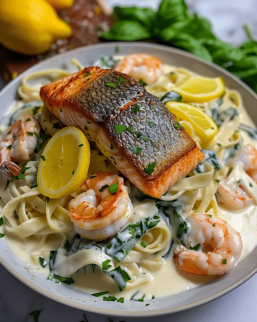 Lemon Garlic Salmon & Shrimp Alfredo