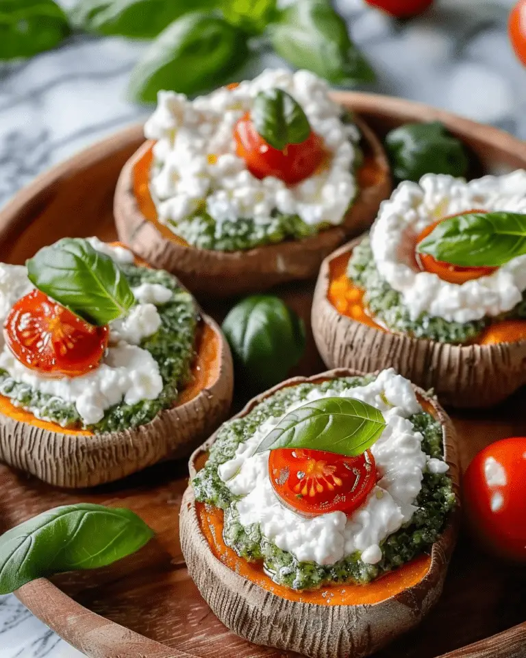 Roasted Sweet Potato Rounds with Burrata, Pesto, and Cherry Tomatoes