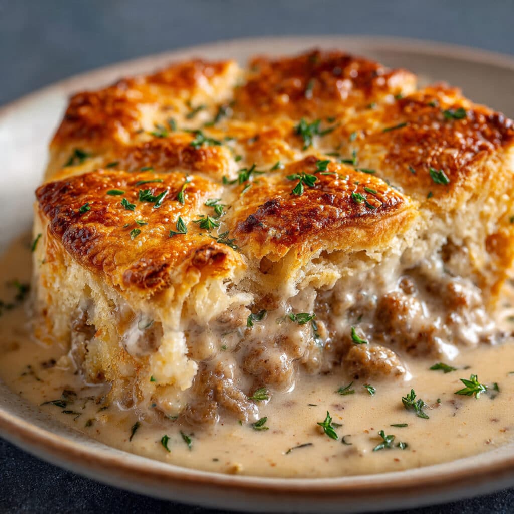 Savory Sausage, Gravy, and Biscuit Pie