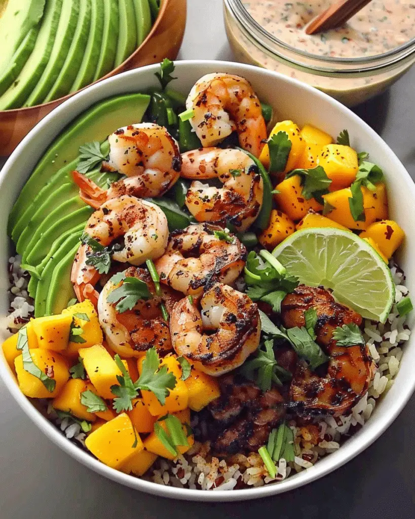 Shrimp and Avocado Bowls with Mango Salsa & Lime-Chili Sauce