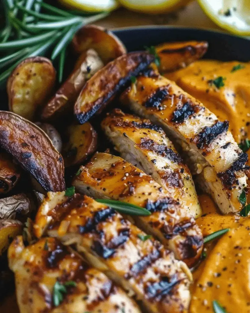 Tuscan Garlic Chicken with Crispy Potatoes & Creamy Roasted Red Pepper Pesto Alfredo