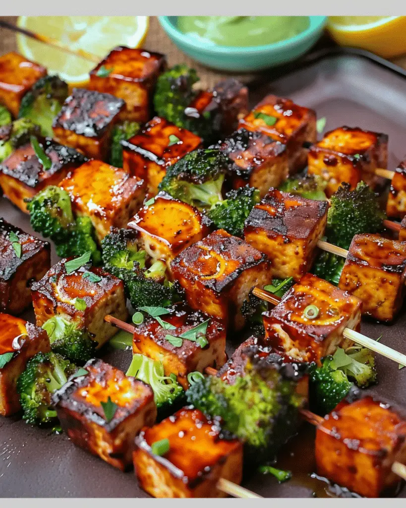 Vegan Lemon Garlic Tofu and Broccoli Skewers