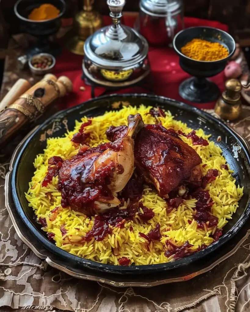 Barberry Rice with Saffron Chicken (Zereshk Polo ba Morgh)