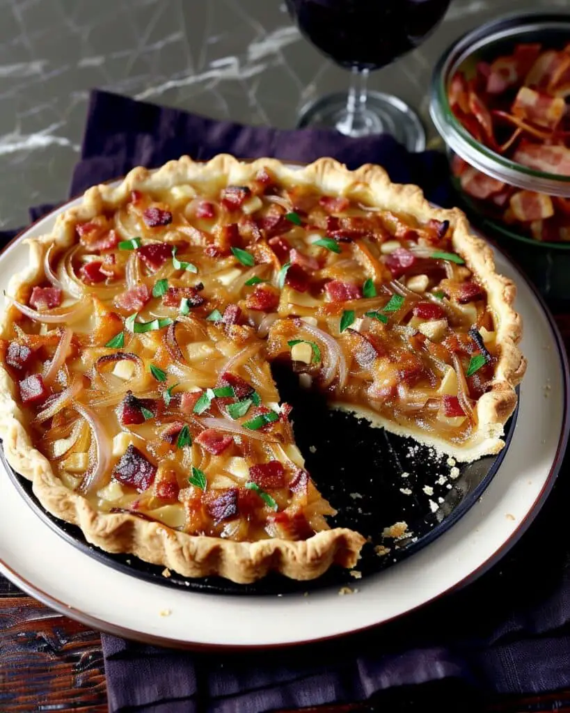 Caramelized Onion Tart with Gruyere Cheese and Crispy Beef