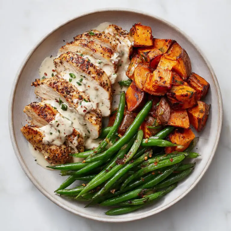 Creamy Tahini Chicken with Roasted Sweet Potatoes and Green Beans
