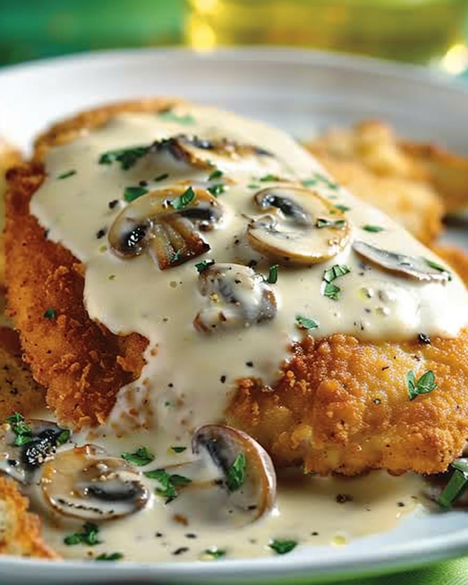 Crispy Golden Chicken with Parmesan Mushroom Sauce