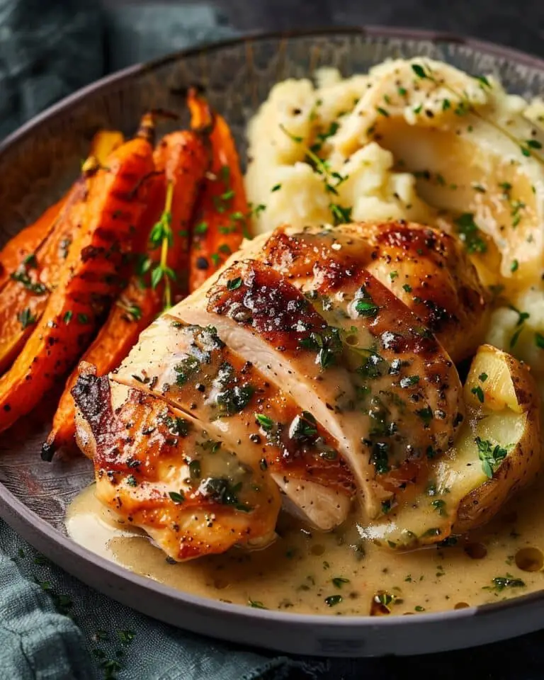Herb Chicken Thighs with Gravy, Buttery Mashed Potatoes & Roasted Carrots