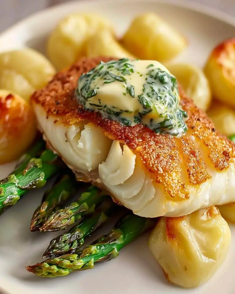 Herb-Crusted Baked Cod with Chive Butter and Roasted Asparagus