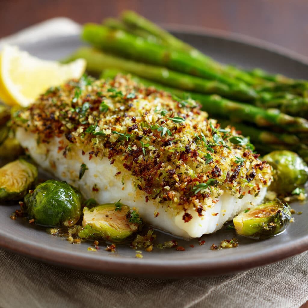 Herb-Crusted White Fish with Asparagus and Brussels Sprouts