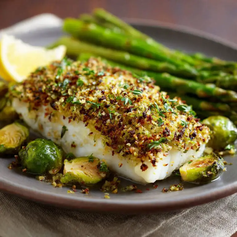 Herb-Crusted White Fish with Asparagus and Brussels Sprouts