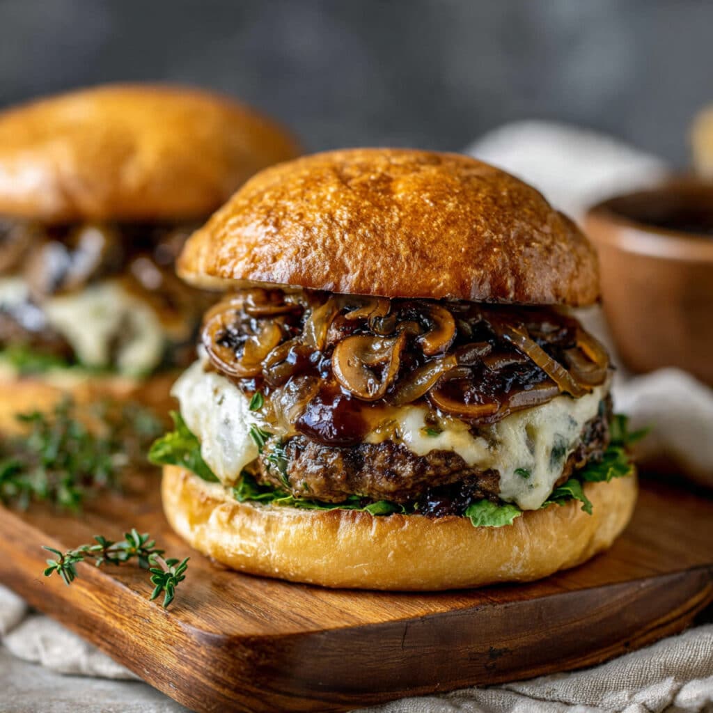 Mushroom Swiss Burger with Caramelized Onions