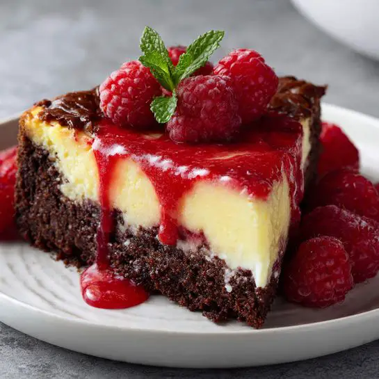 Red Velvet Brownie Cheesecake with Raspberry Glaze