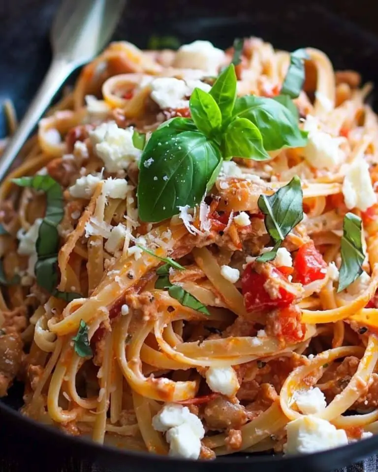 Roasted Red Pepper Fettuccini with Creamy Feta Sauce